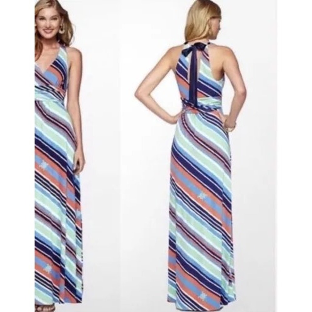 Lilly Pulitzer Amada Maxi Dress Overboard Stripe Nautical Halter Sz L NWT